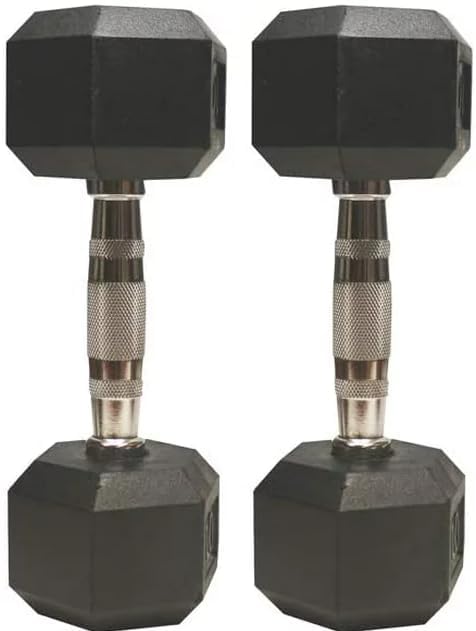 Barbell Rubber encased Hex Dumbbell Weights with Metal Handles for Strength Training, Full Body Workout. Sold as a Pairs