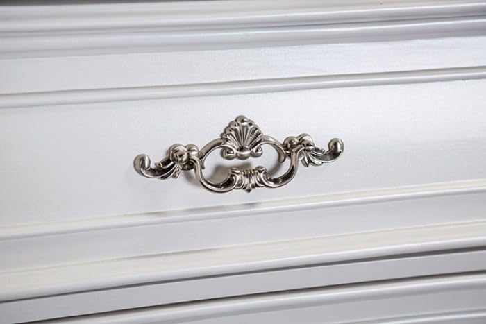MASARA 3 Pcs Traditional Bedroom Set, White/Tan Fabric Sleigh Bed with Diamond Tufted Wing-Back Headboard, Crystal Acrylic Buttons, Carved Details, Queen/King Size (Queen)