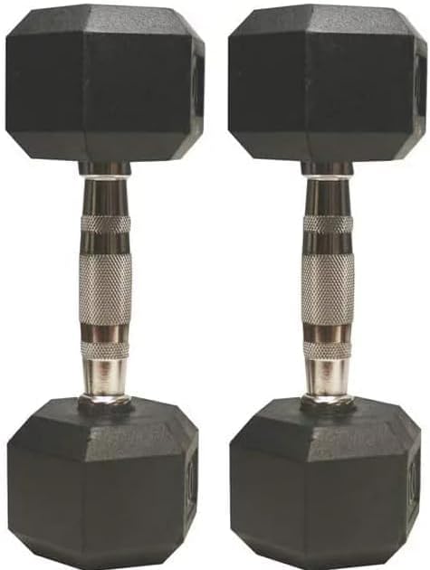 Barbell Rubber encased Hex Dumbbell Weights with Metal Handles for Strength Training, Full Body Workout. Sold as a Pairs