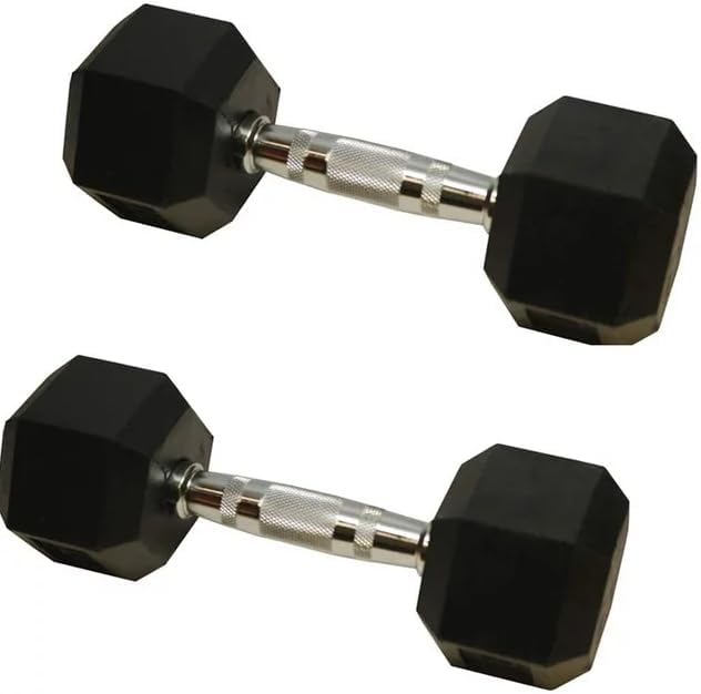 Barbell Rubber encased Hex Dumbbell Weights with Metal Handles for Strength Training, Full Body Workout. Sold as a Pairs