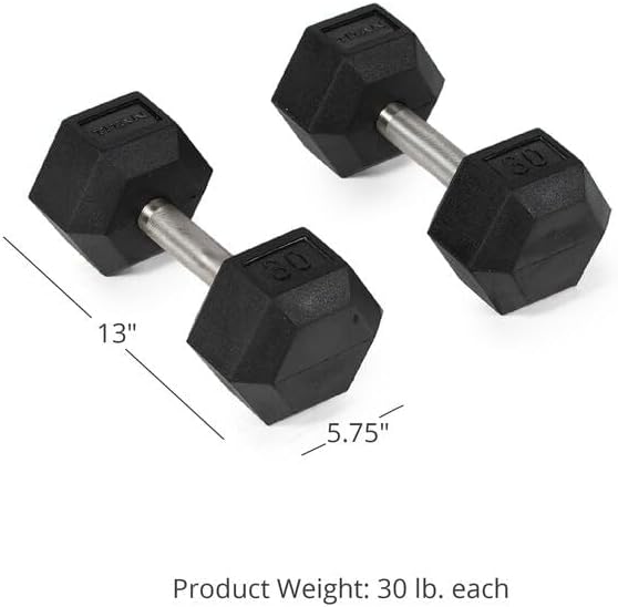 Titan Fitness Free Weights, Rubber Coated Hex Dumbbell, Straight Stainless Steel Handle, Strength Training, Full Body Workout