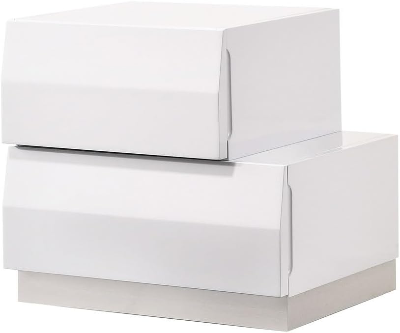 White Lacquer Wood 3pc Modern Bedroom Set California King Platform Bed Frame with 2 Nightstands, High Gloss Finish Bedroom Furniture Set