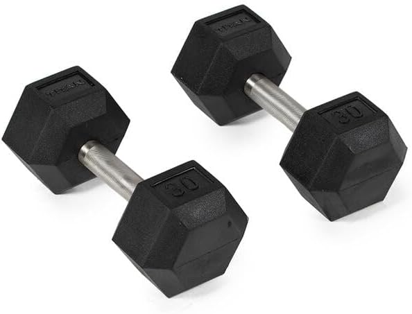 Titan Fitness Free Weights, Rubber Coated Hex Dumbbell, Straight Stainless Steel Handle, Strength Training, Full Body Workout