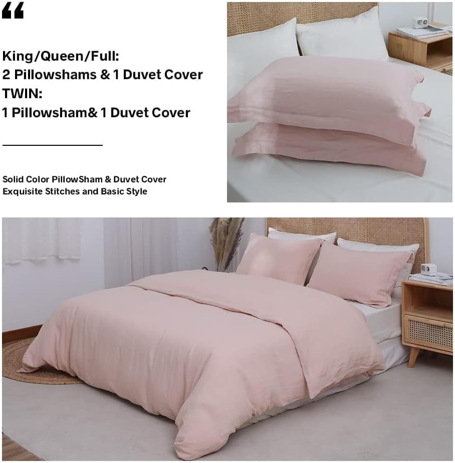 Simple&Opulence 100% Linen Duvet Cover Set, 3 PCS Natural French Flax Blush Pink Duvet Cover King Size, Breathable Soft Comfy Linen Bedding Comforter Cover with 2 Pillowcases(Blush Pink, 104'x92')