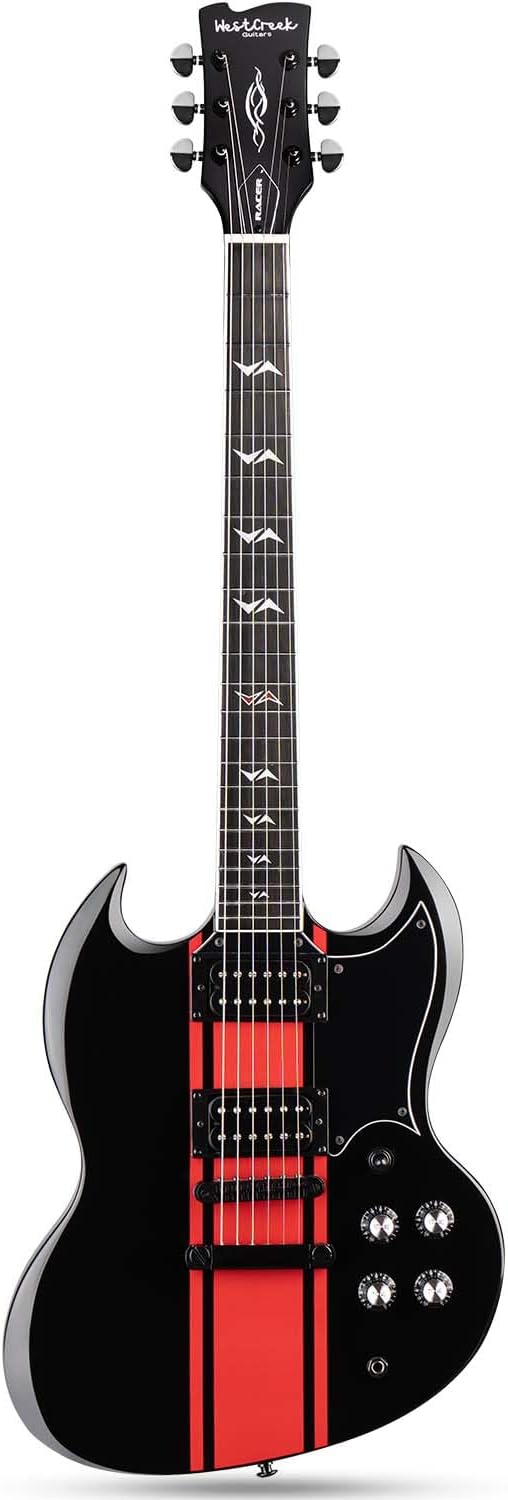 WestCreek RACER Solid Body Electric Guitar, SG guitar, Rounded End Frets, Bone nut, Rosewood Fingerboard, Mahogany Body (Black-Red Stripe)