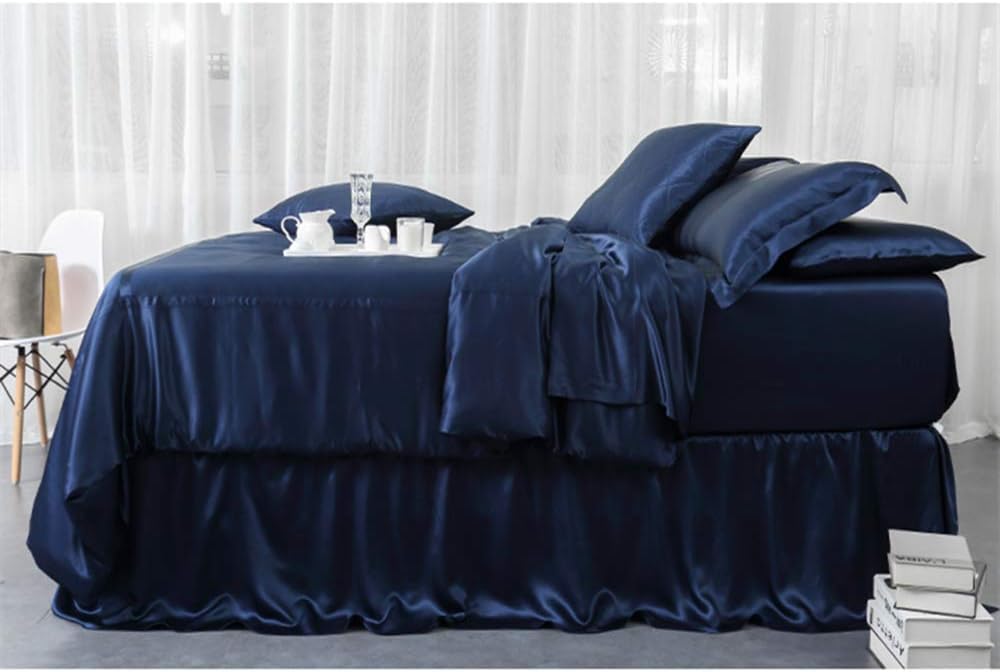 Orose 4Pcs 30 Momme Silk Sheets Set Seamless Custom,Thick, Deep Pocket 100% Charmeuse Mulberry Silk Bedding Top Flat Bottom Fitted (Dark Blue, King)