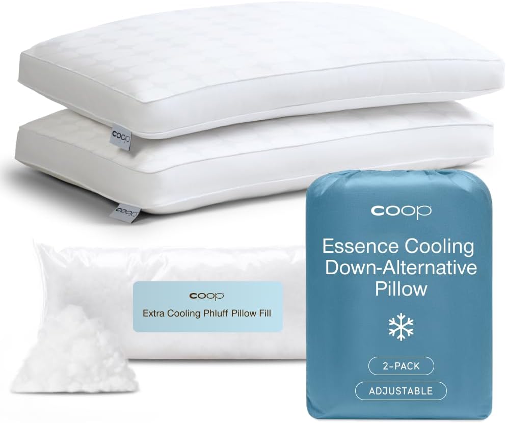 Coop Home Goods Essence Cooling Down Alternative Pillows Set of 2, King Size Adjustable Cooling Pillow for Hot Sleepers, Luxury Cool-to-the-Touch Hotel Pillows for Stomach, Back, or Side Sleepers