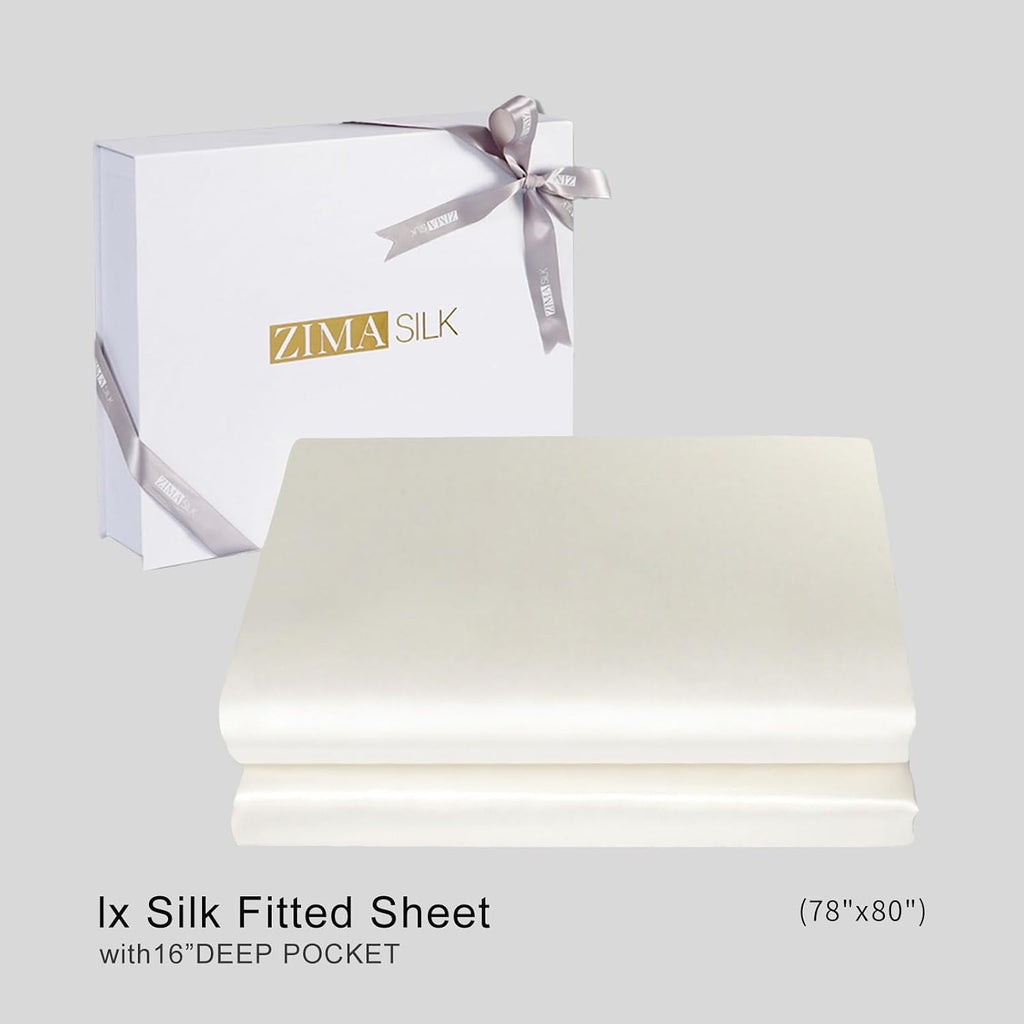 ZIMASILK 100% Mulberry Silk Fitted Sheet,Seamless Bedding Set with Deep Pocket,Both Sides 19 Momme Silk, 1pc Silk Fitted Sheet Only(King 78''x80''+16', Ivory)