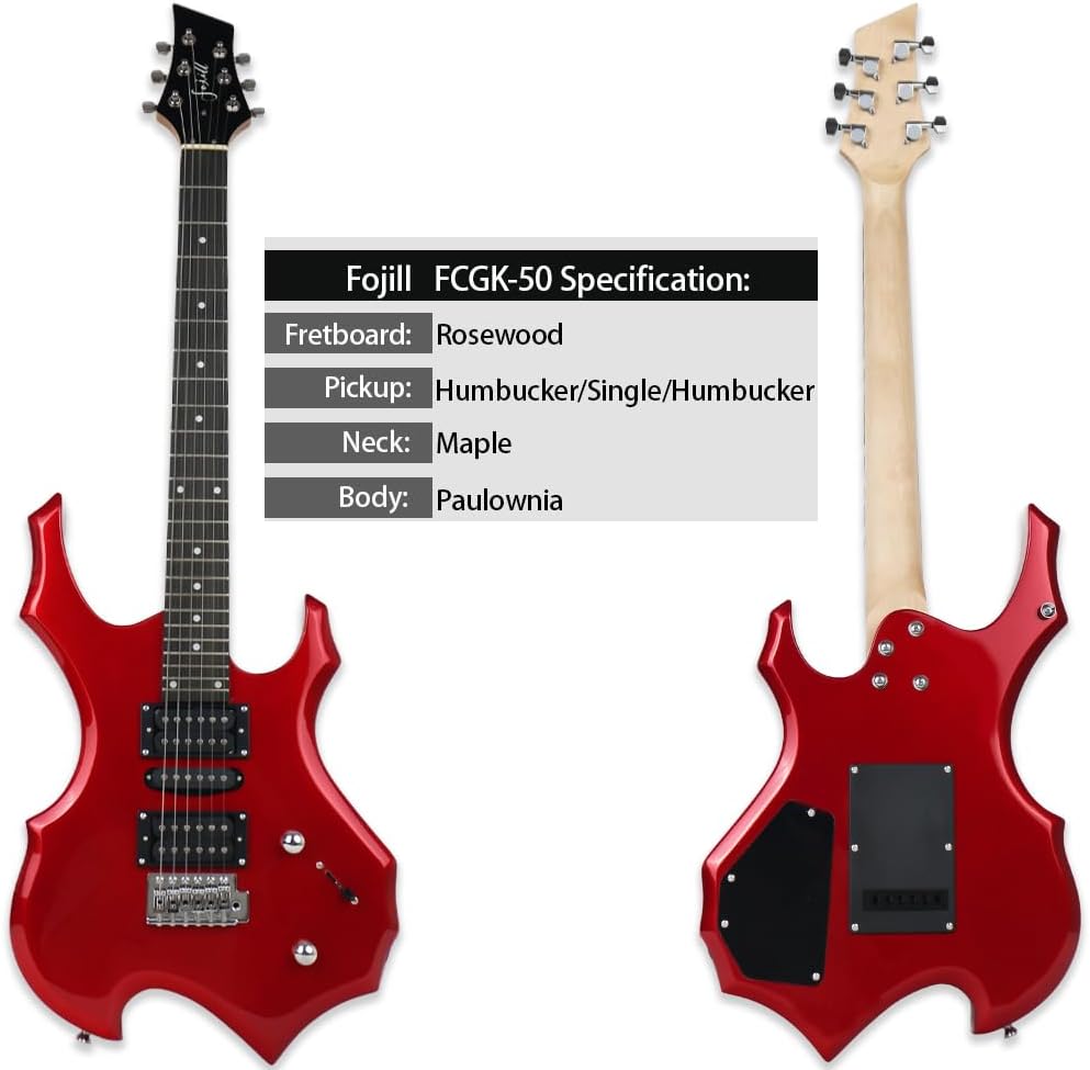 Fojill Heavy Metal Cool Shape Electric Guitar Kit Set Beginner Starter Combo Package Bundle 20W Amplifier Amp Accessory Padded gig Bag,Picks, Cable,Strap,Extra Strings (FCGK-50, Metallic Red)