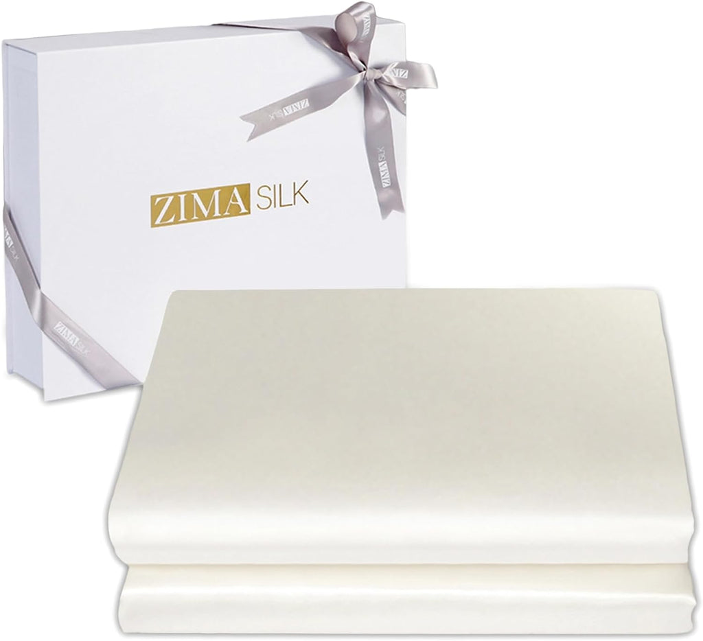 ZIMASILK 100% 19 Momme Mulberry Silk Fitted Sheet, Seamless with Deep Pocket, Soft, Silky & Hypoallergenic for Luxury Sleep (Queen 60''x80''+16', Ivory)