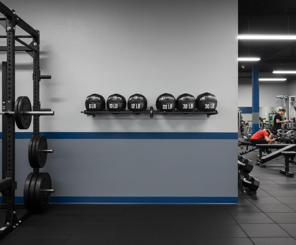 Valor Fitness Wall-Mounted Adjustable Ball Storage Rack – Holds Slam Balls, Medicine Balls, Stability Balls, Basketballs – Compact Sports Equipment Organizer for Home Gyms and Commercial Use