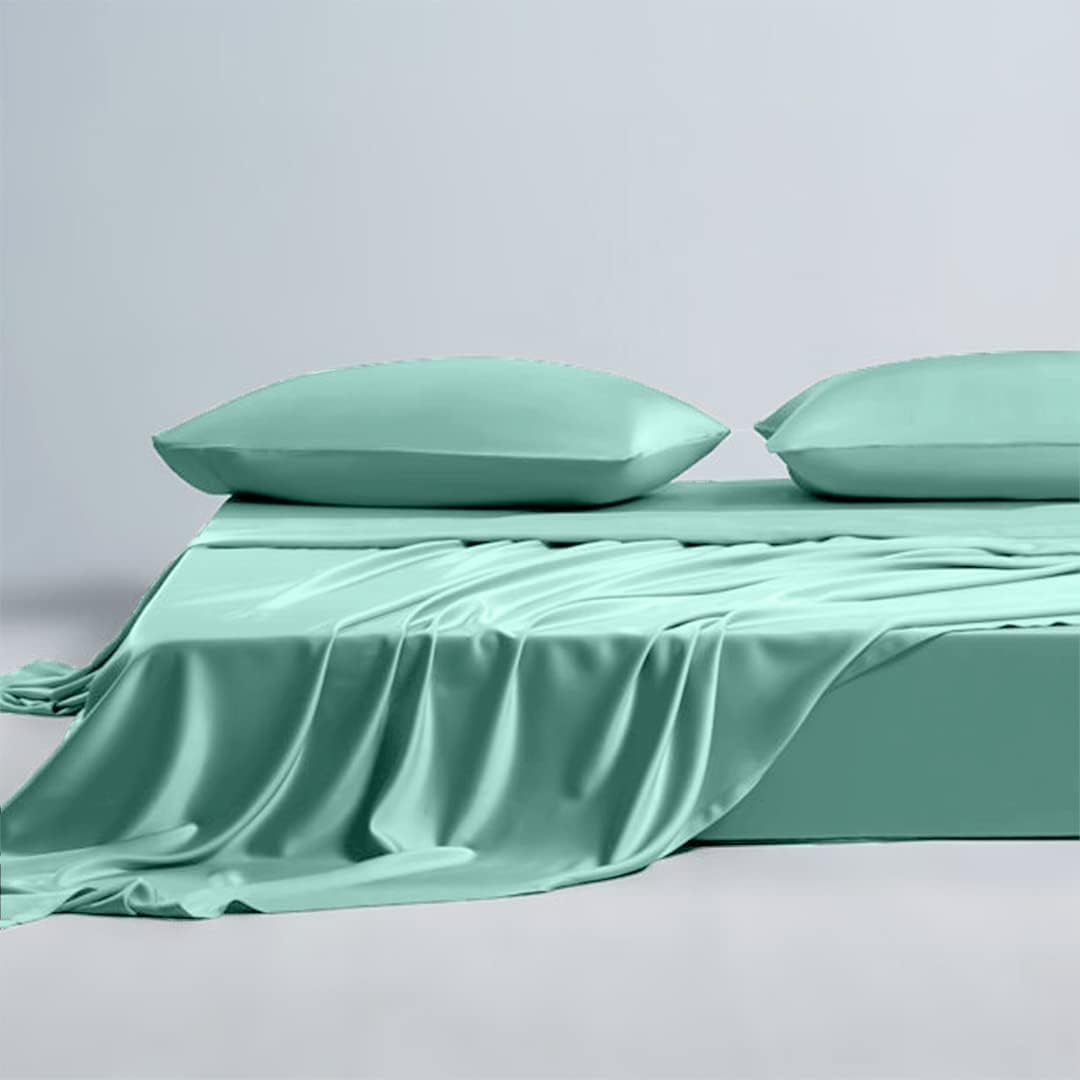 22 Momme 100% Mulberry Silk Bedding Set - 4-Piece Luxury Queen Size (2 Pillowcases, 1 Fitted Sheet, 1 Flat Sheet) - Fits 14-16' Deep Pocket (Solid, Aqua)
