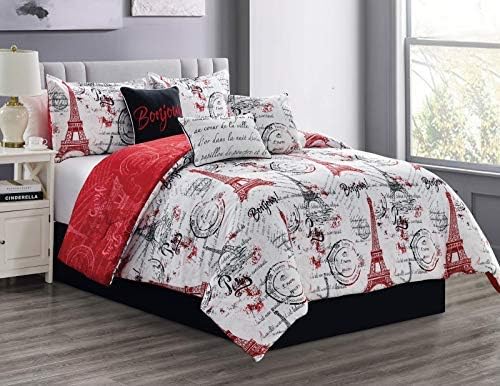 LinenTopia King Size Paris Bedding Comforter Set – Elegant 7-Piece Cozy Bed Set with Lightweight Comforter for Guestroom or Master Bed, Bedroom Décor Aesthetic, Easy to Clean, Black/Red Paris Design