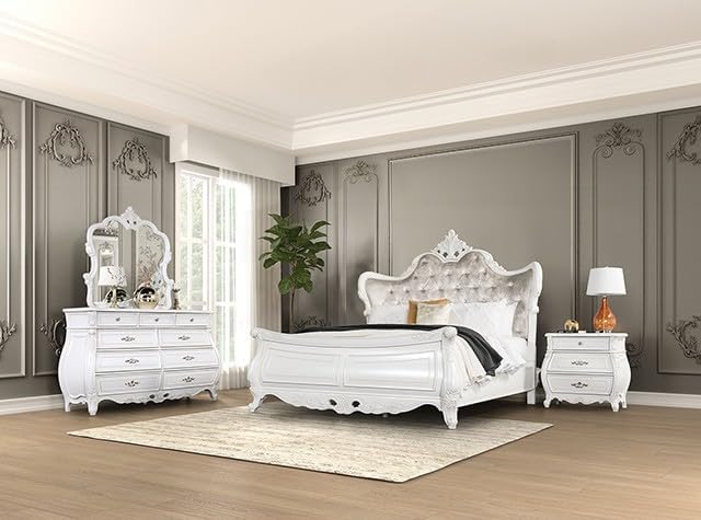 MASARA 3 Pcs Traditional Bedroom Set, White/Tan Fabric Sleigh Bed with Diamond Tufted Wing-Back Headboard, Crystal Acrylic Buttons, Carved Details, Queen/King Size (King (U.S))