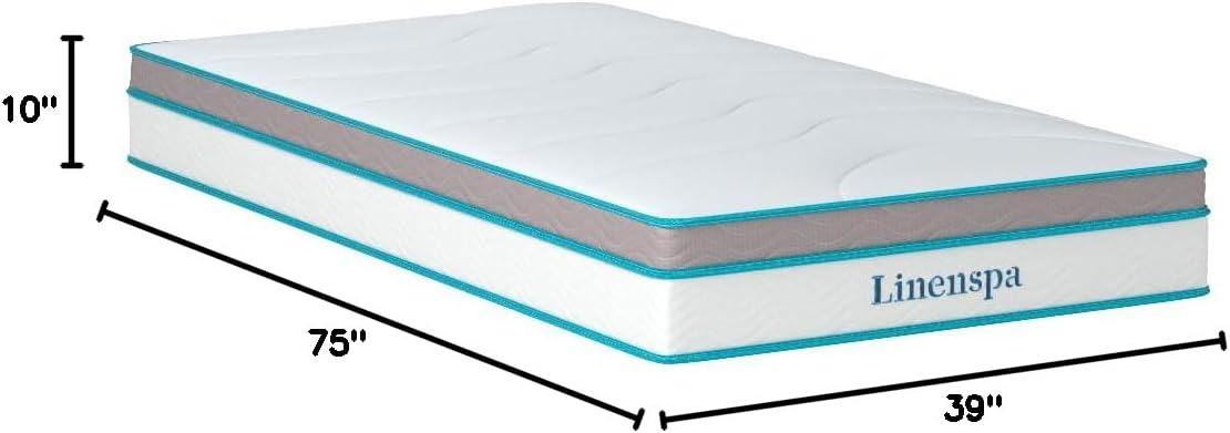 Linenspa 10 Inch Memory Foam and Spring Hybrid Mattress - Medium Feel - Bed in a Box - Quality Comfort and Adaptive Support - Breathable - Cooling - Perfect for a Guest Bedroom - Twin Size