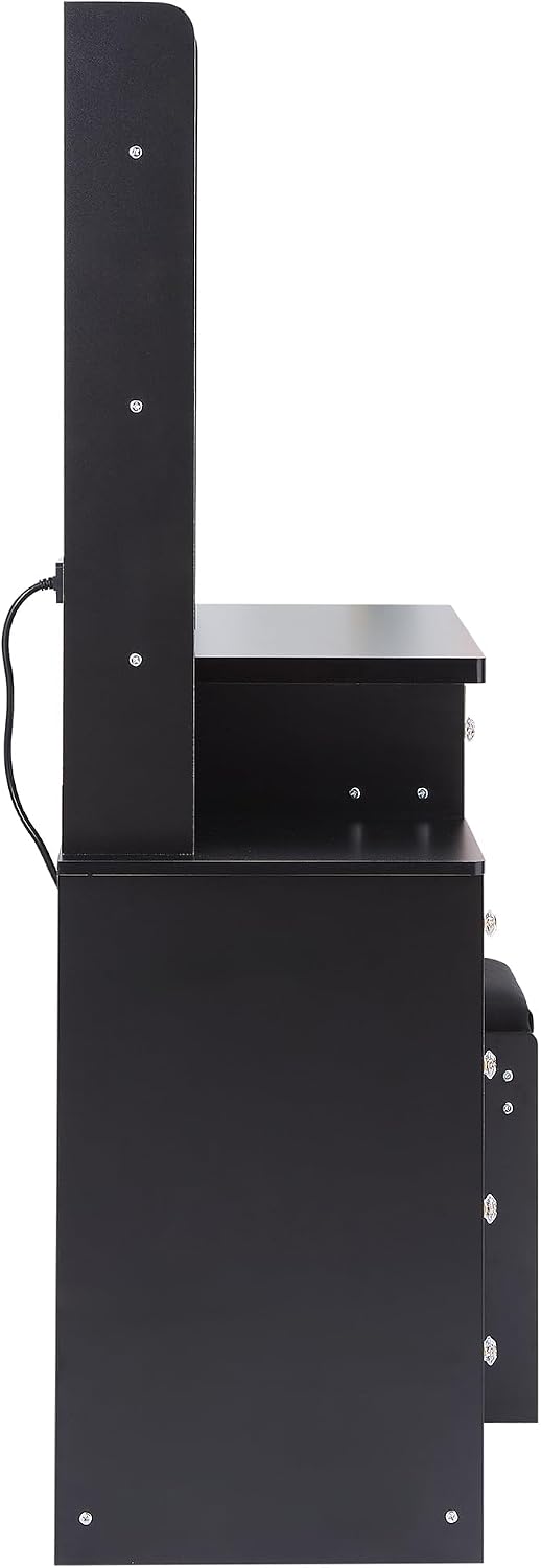 41' Queen Size Left Nightstand Dresser Set with Upholstered Stool, 2 AC Outlets + 2 USB Ports, Oversized Touch LED Mirror, 3 Colour Dimmer Switch (Black + MDF + American Design)