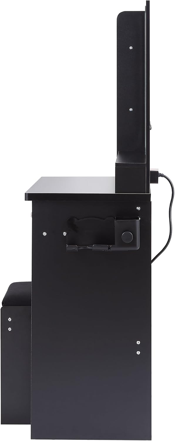 41' Queen Size Left Nightstand Dresser Set with Upholstered Stool, 2 AC Outlets + 2 USB Ports, Oversized Touch LED Mirror, 3 Colour Dimmer Switch (Black + MDF + American Design)