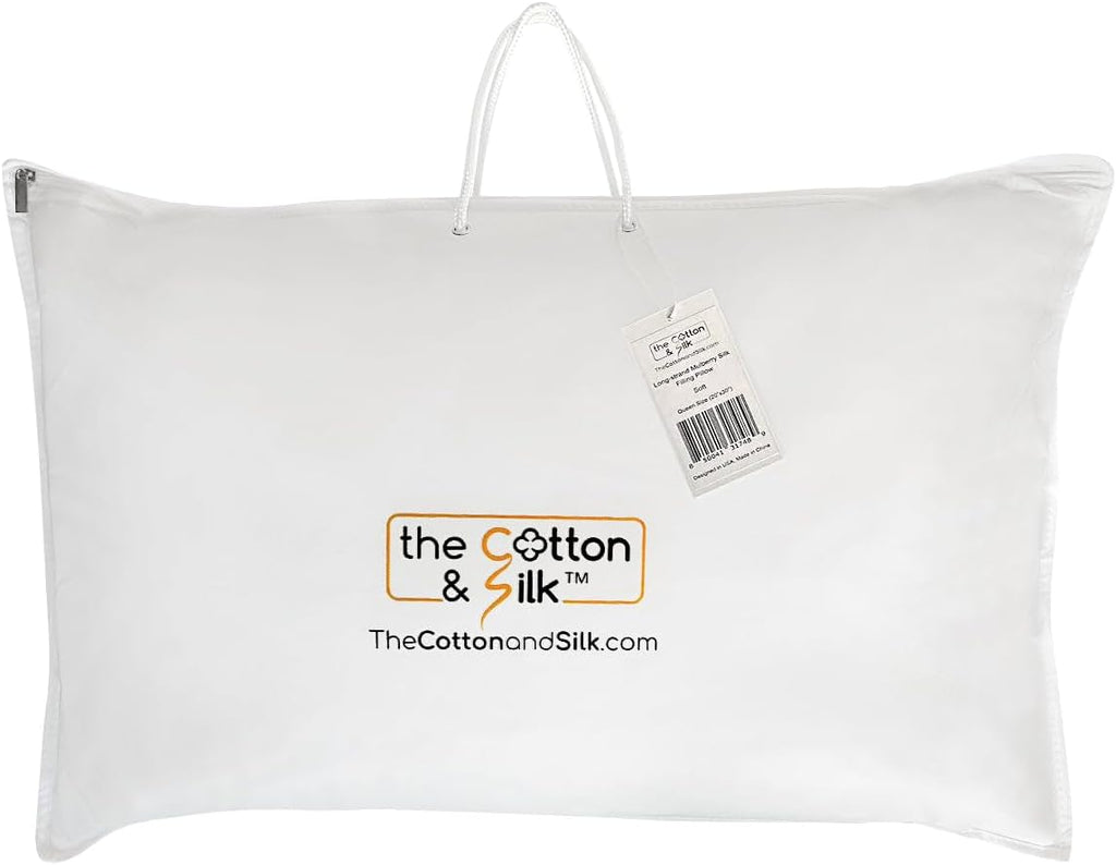 THE COTTON & SILK 100% Mulberry Silk Filled Pillow Insert – Queen Size, Ultra-Soft, Breathable, Hypoallergenic, Luxury Plush Support for Better Sleep