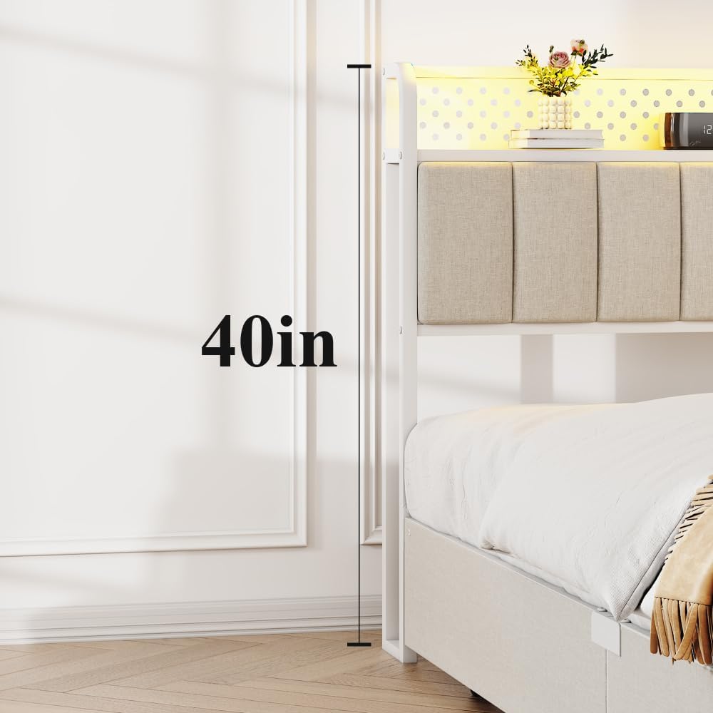 Queen Size Platform Bed with 4 Drawers, Metal Bed Frame with LED Lights and Charging Station, No Box Spring Needed, (Beige), Noise Free,Easy Assemble.