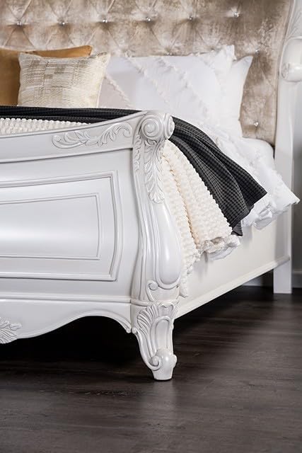 MASARA 3 Pcs Traditional Bedroom Set, White/Tan Fabric Sleigh Bed with Diamond Tufted Wing-Back Headboard, Crystal Acrylic Buttons, Carved Details, Queen/King Size (Queen)