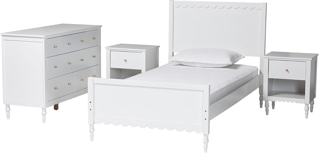 Baxton Studio Roni White Wood 4-Piece Full Bedroom Set with Two Nightstands