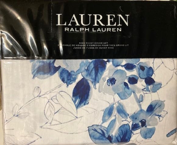Lauren Ralph Lauren Beautiful Watercolor Sandra Grey Navy Blue Floral King 3 pc Duvet Cover Set Shams White Luxurious 100% Cotton Sateen Silky Smooth