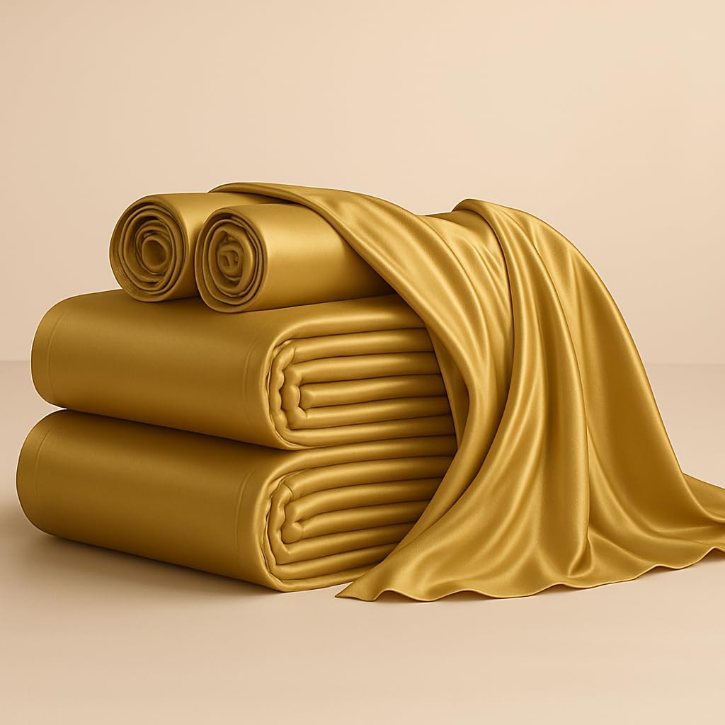 Mulberry Silk Sheet Set 4Pcs, 6A Grade Natural Mulberry Silk Bed Sheets, Luxury Bedding Sets Ultra Soft Durable Fits Mattress Upto 7-12' Deep Pocket (Queen, Mustard)