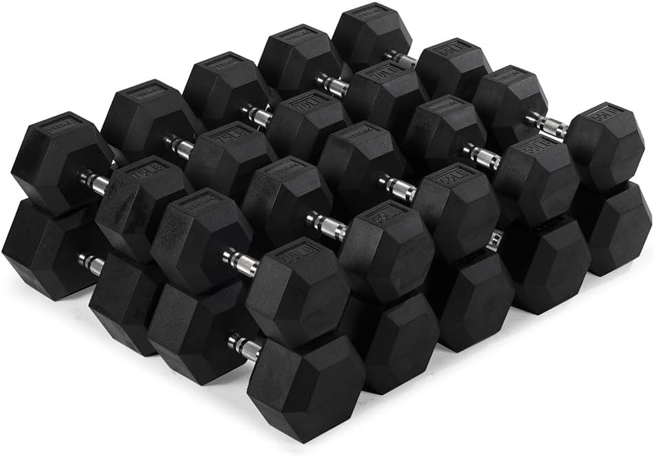 Titan Fitness Rubber Hex Dumbbells, 5 LB-50 LB Set of Pairs, Roll-Resistant Hexagonal Free Weights, Hex Dumbbell set with Chrome-Coated Handles, Free Weight Set, Strength Training Equipment