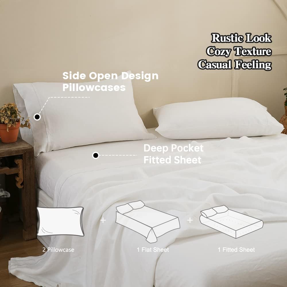 Simple&Opulence 100% Linen Sheet Set with Embroidery Washed - 3 Pieces (1 Flat Sheet & 1 Fitted Sheet & 1 Pillowcase) Natural Flax Soft Bedding Breathable Farmhouse - White, Twin Size