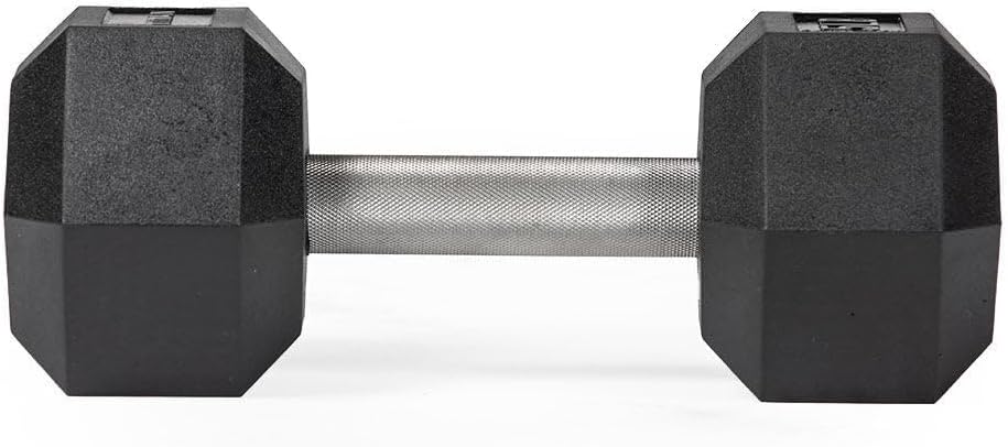 Titan Fitness 25 LB Pair Free Weights, Black Rubber Coated Hex Dumbbell, Straight Stainless Steel Handle, Strength Training, Full Body Workout