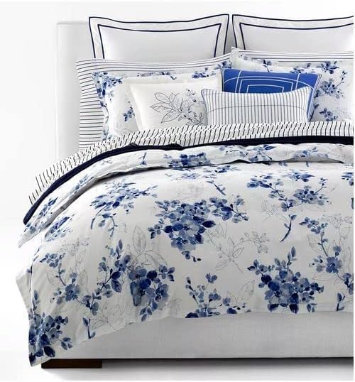 Lauren Ralph Lauren Beautiful Watercolor Sandra Grey Navy Blue Floral King 3 pc Duvet Cover Set Shams White Luxurious 100% Cotton Sateen Silky Smooth