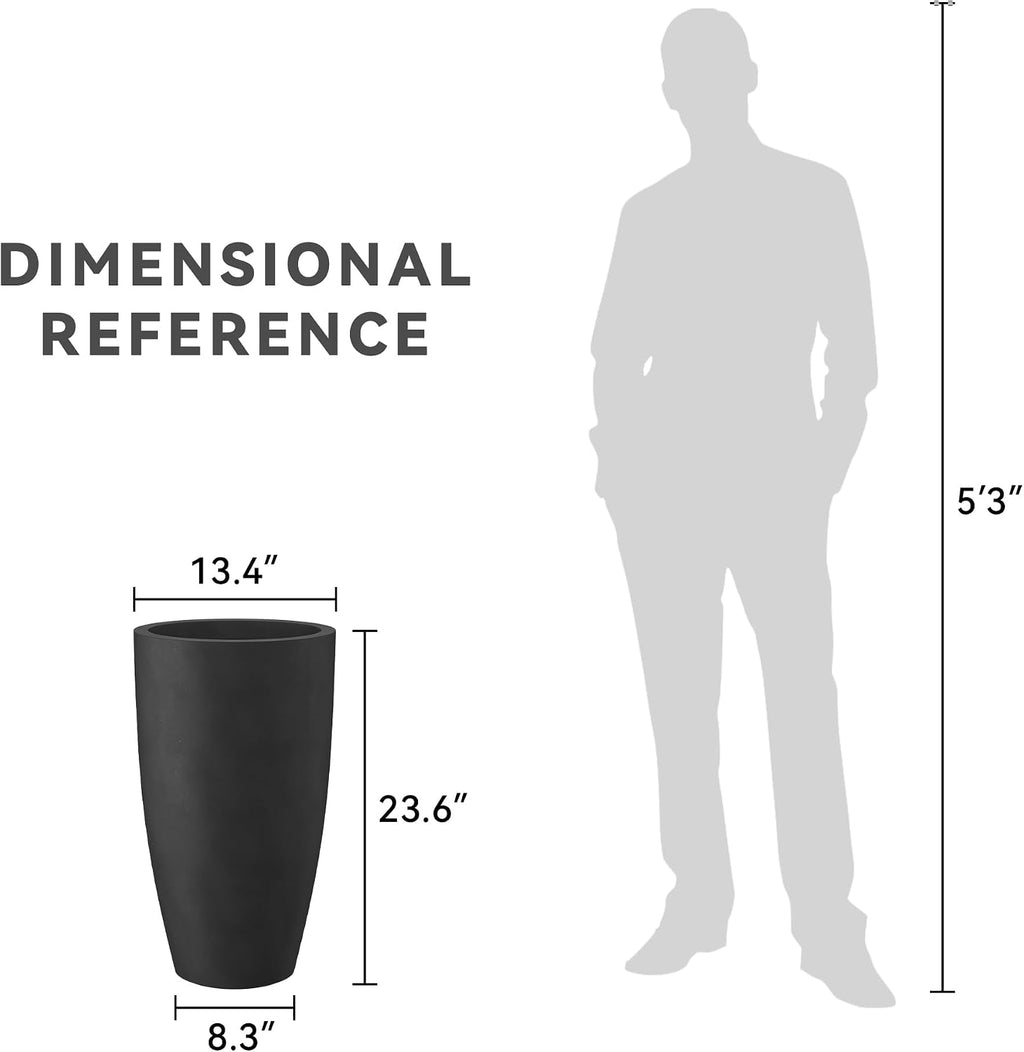 Kante 23.6' H Black Tall Planters (Set of 2), Large Outdoor Indoor Decorative Plant Pots with Drainage Hole and Rubber Plug, Modern Style for Home and Garden