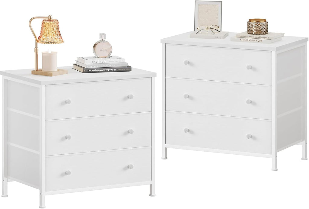 BOLUO White Nightstands Set of 2, Large Night Stand Fabric 3 Drawer Dresser for Bedroom Closet,Girls Modern