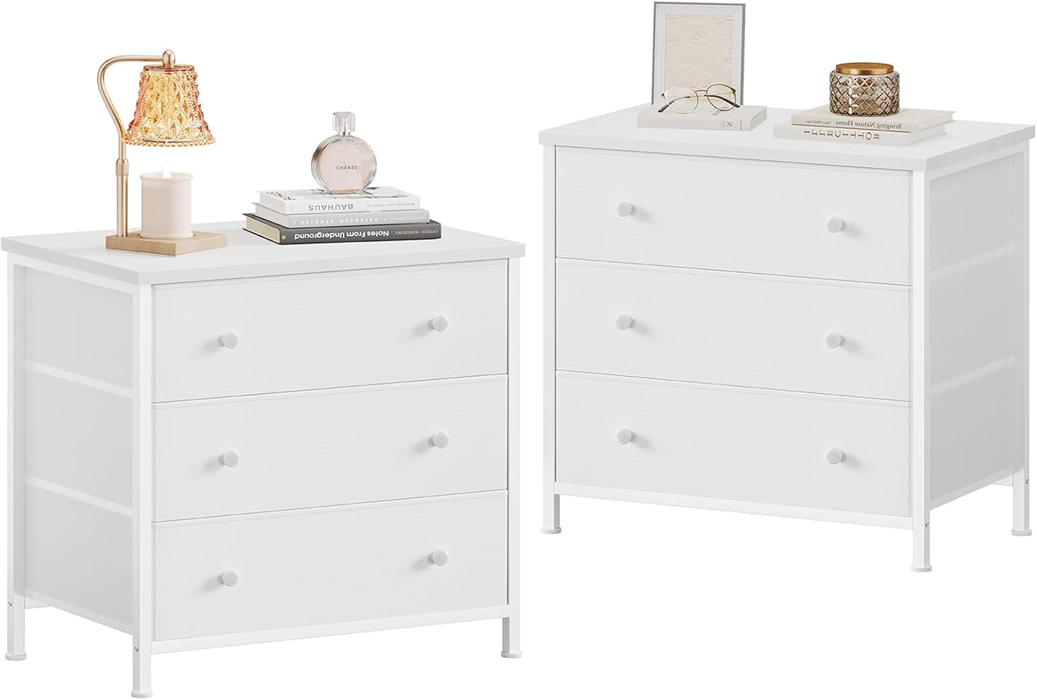 BOLUO White Nightstands Set of 2, Large Night Stand Fabric 3 Drawer Dresser for Bedroom Closet,Girls Modern