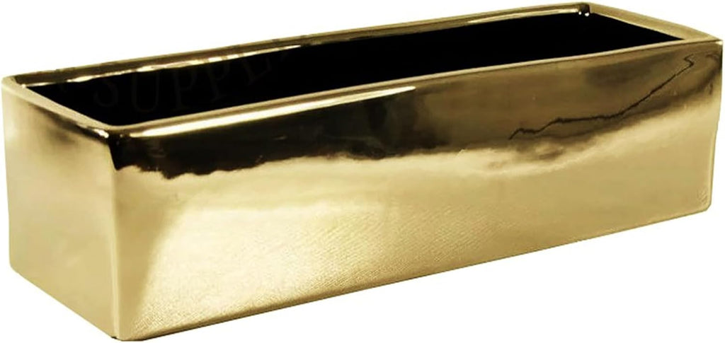 WGVI Long Rectangle Ceramic Planter Vase in Gold 12' x 4' x 4'H, Block Rectangular Terrarium Box Pot, Flower Arrangement, Table top Centerpiece, Home Decor Organization Storage Container, 6 Pcs.