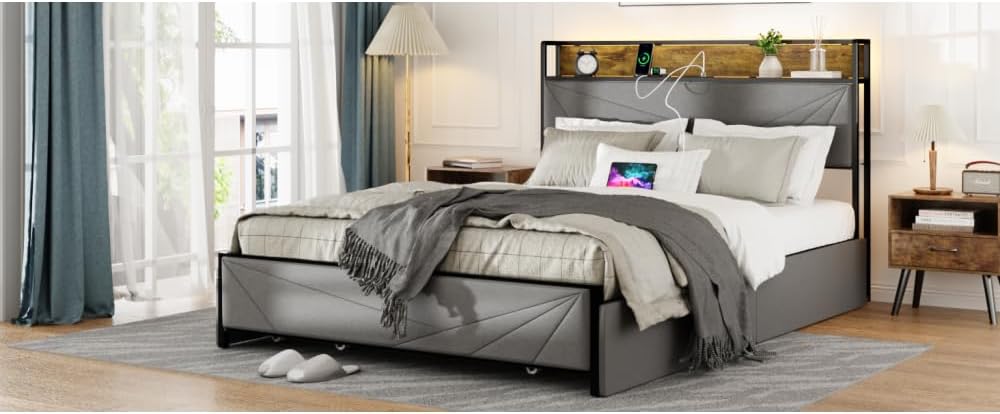 Full Size Bed Frame with 4 Storage Drawers and 2 USB Ports, Upholstered Platform Bed Frame with Storage Headboard Charging Station and Metal Slat Support, No Box Spring Needed, Dark Grey.