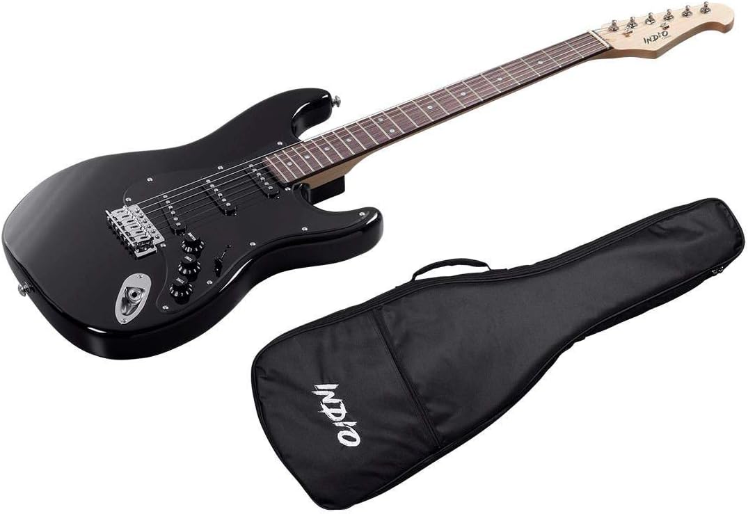 Monoprice Cali Classic Electric Guitar - Black 6 Strings, Double-Cutaway Solid Body, Right Handed, SSS Pickups, Full-Range Tone, With Gig Bag, Perfect for Beginners - Indio Series