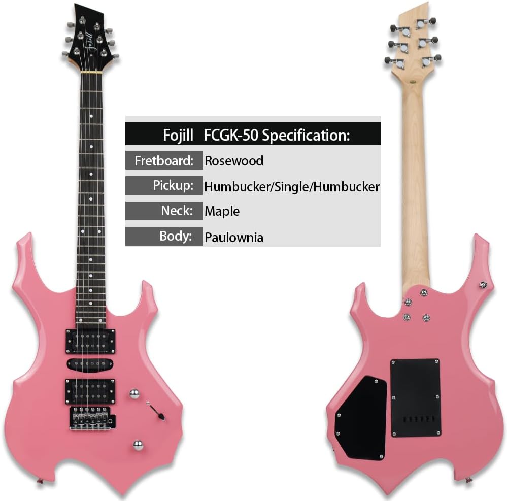 Fojill Heavy Metal Cool Shape Electric Guitar Kit Set Beginner Starter Combo Package Bundle 20W Amplifier Amp Accessory Padded gig Bag,Picks, Cable,Strap,Extra Strings (FCGK-50, Pink)