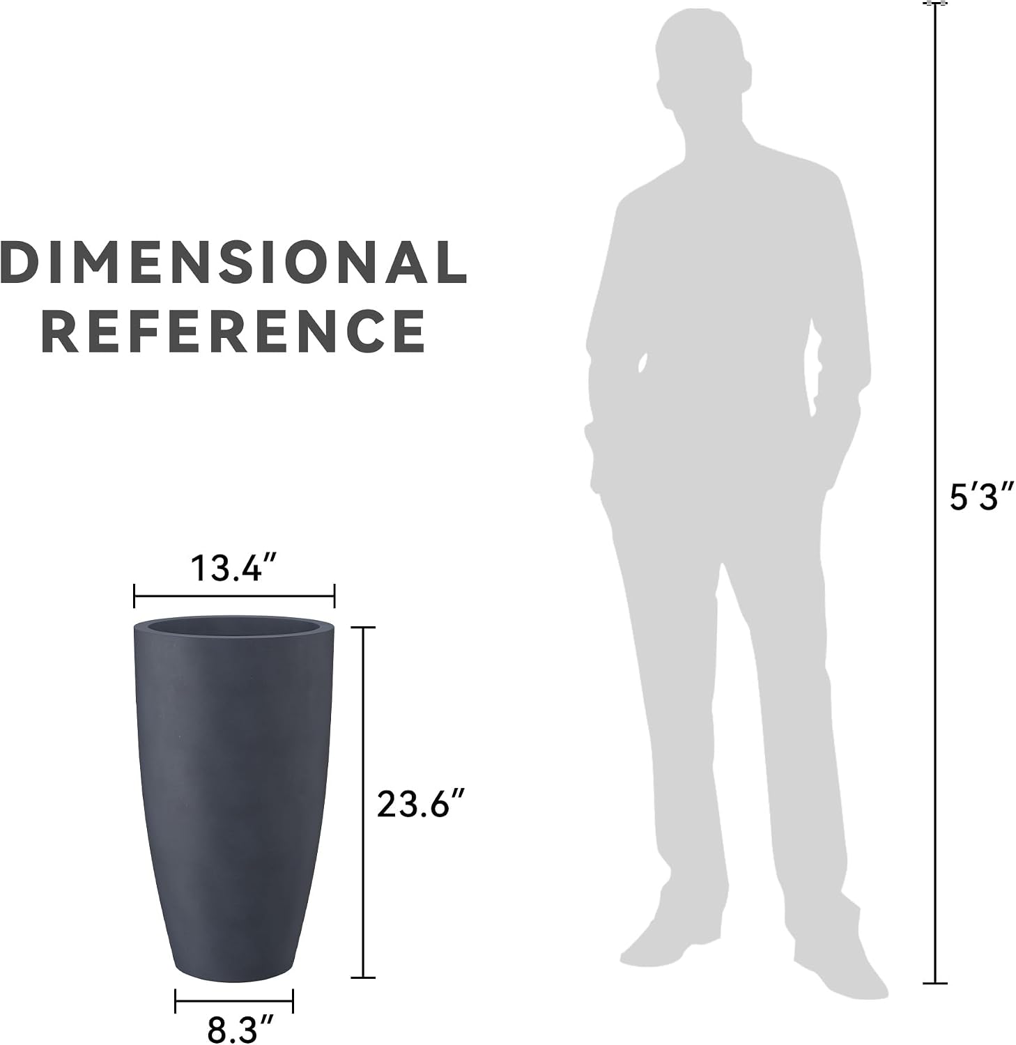 Kante 23.6' H Charcoal Concrete Tall Planters Two Pack, Large Outdoor Indoor Garden Plant Pots with Drainage Hole and Rubber Plug, Modern Decor for Home and Garden