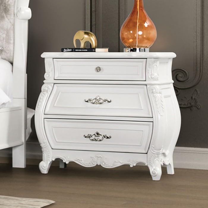 MASARA 3 Pcs Traditional Bedroom Set, White/Tan Fabric Sleigh Bed with Diamond Tufted Wing-Back Headboard, Crystal Acrylic Buttons, Carved Details, Queen/King Size (Queen)