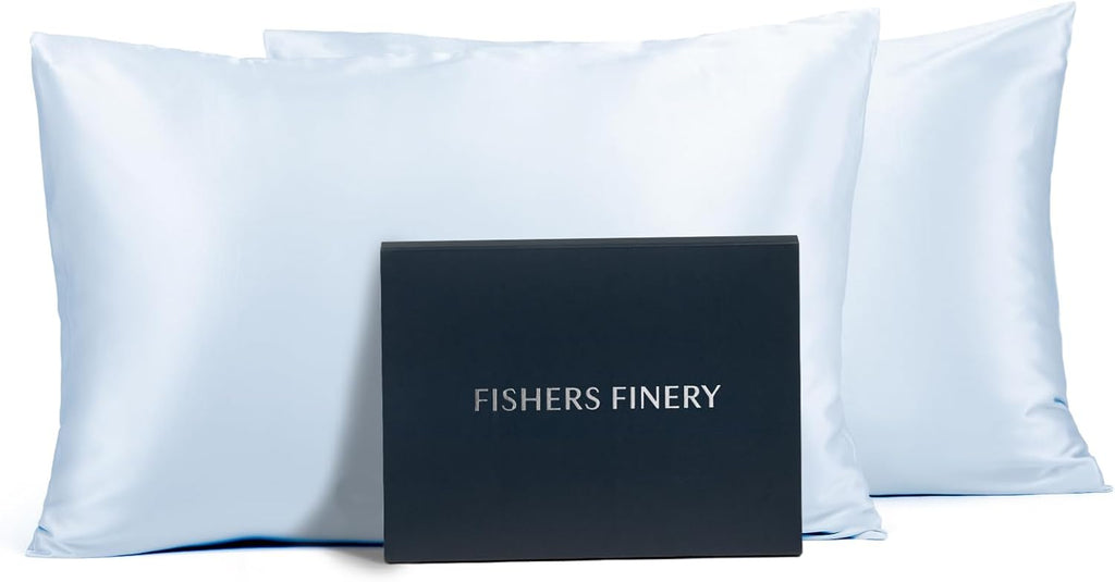 Fishers Finery 25mm 100% Pure Mulberry Silk Pillowcase (Blue Queen 2 Pack)