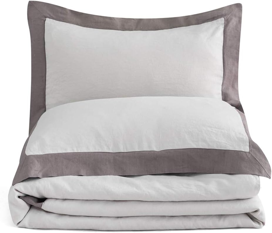Simple&Opulence 100% Linen Duvet Cover Set with Washed French Flax-King Size(104'x 92')- 3 Pieces (1 Comforter Cover,2 Pillowshams) Basic Border Design Premium Bedding Set Breathable,Grey and Brown