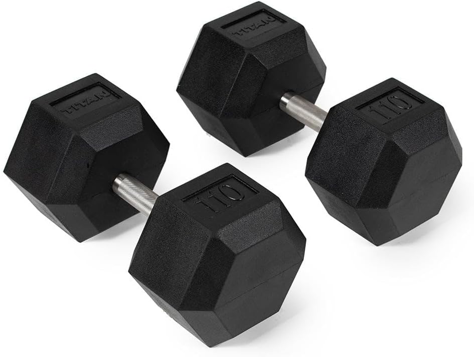 Titan Fitness Free Weights, Rubber Coated Hex Dumbbell, Straight Stainless Steel Handle, Strength Training, Full Body Workout