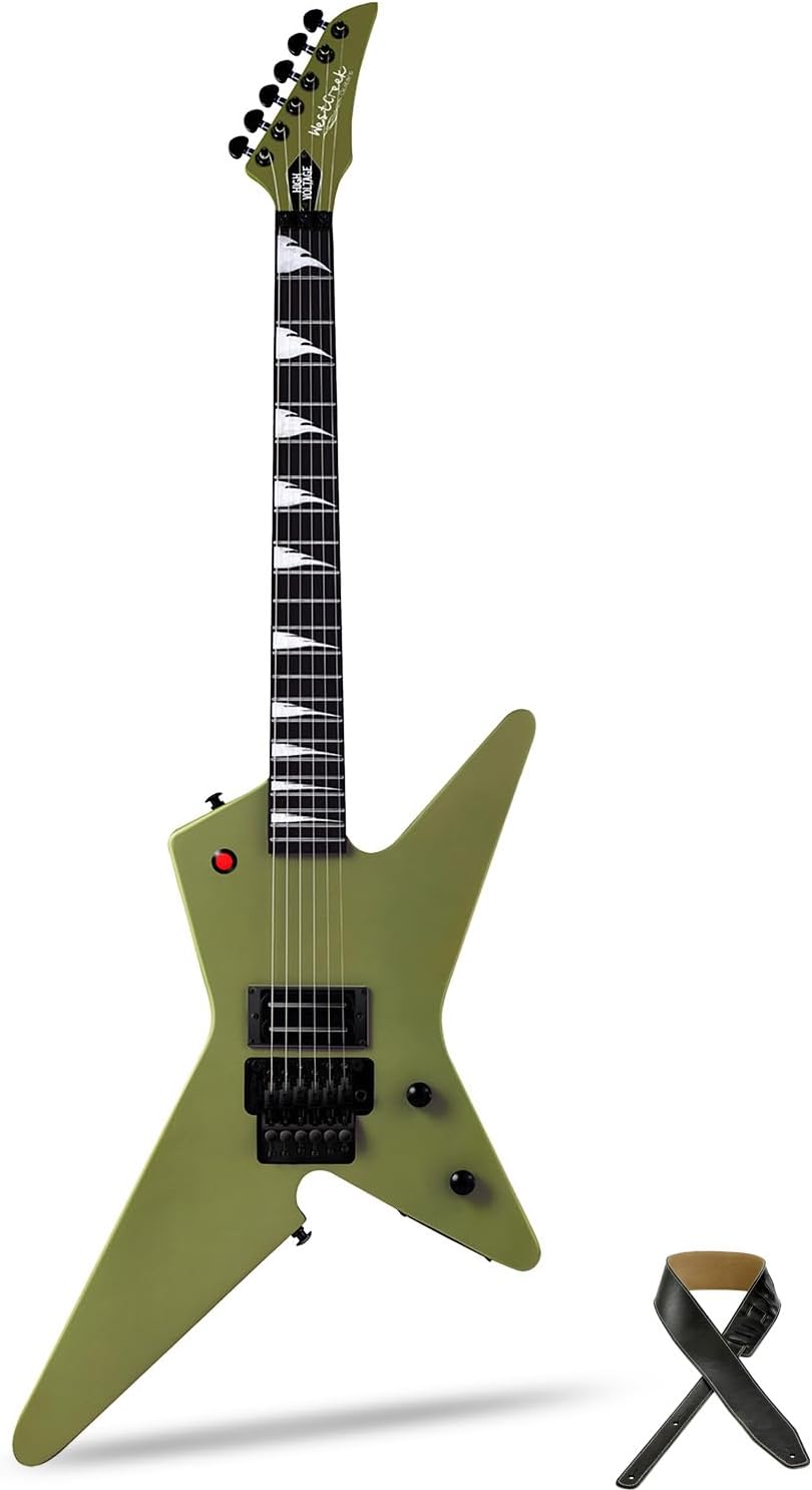 WestCreek HVFR Solid Body Electric Guitar, Heavy Metal Pickups, Heavy Metal Guitar, Rounded End Jumbo Frets (Matte Green)
