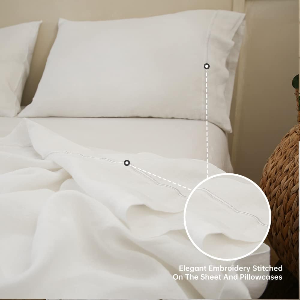 Simple&Opulence 100% Linen Sheet Set with Embroidery Washed - 3 Pieces (1 Flat Sheet & 1 Fitted Sheet & 1 Pillowcase) Natural Flax Soft Bedding Breathable Farmhouse - White, Twin Size