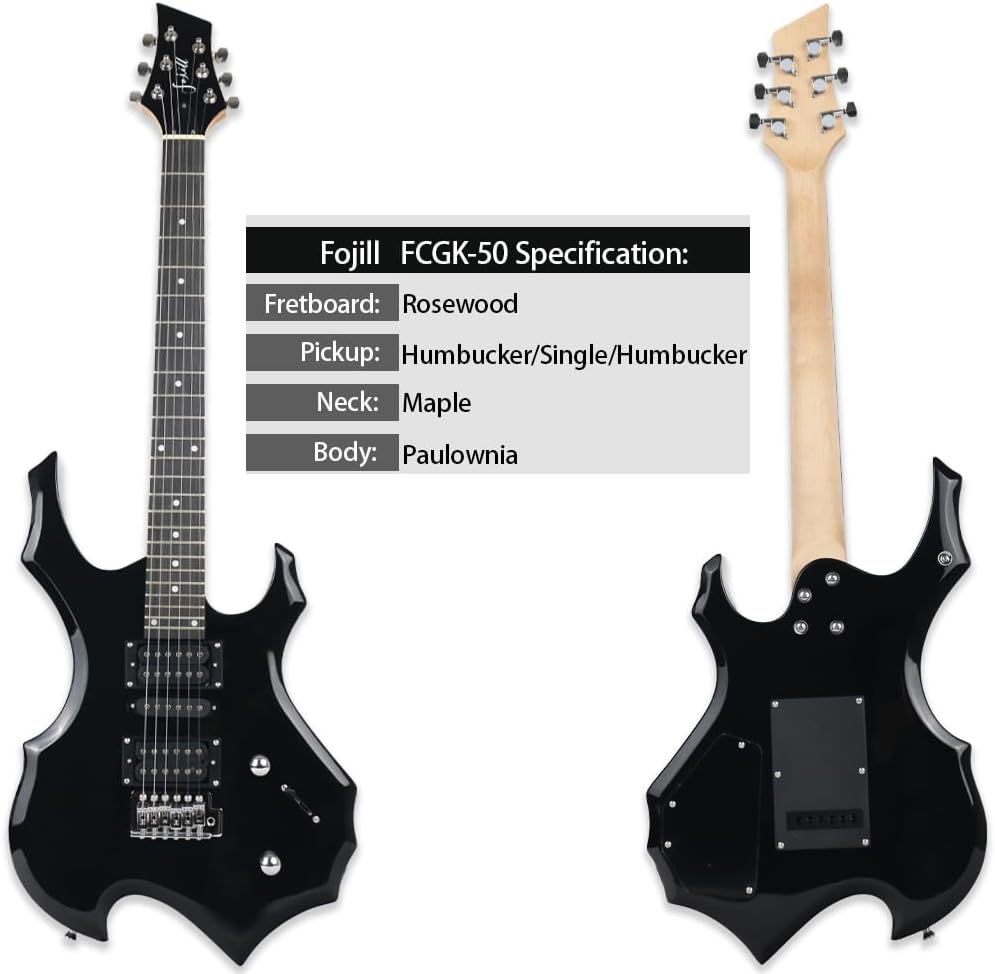 Fojill Heavy Metal Cool Shape Electric Guitar Kit Set Beginner Starter Combo Package Bundle 20W Amplifier Amp Accessory Padded gig Bag,Picks, Cable,Strap,Extra Strings (FCGK-50, Black)
