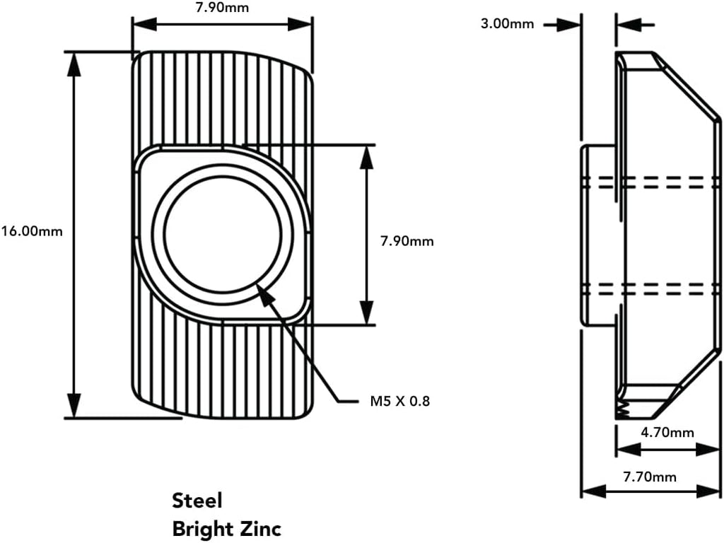 13116, 15 40 Series M5 x 0.8 Standard Drop in T-Nut Steel (100 Pack)