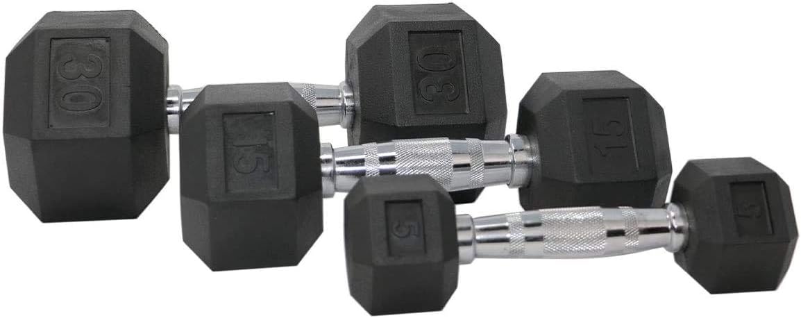 Apollo Athletics 1-Piece Rubber Coated Solid Cast Iron Dumbbell with Contoured Chrome Handle, Hexagon Head,