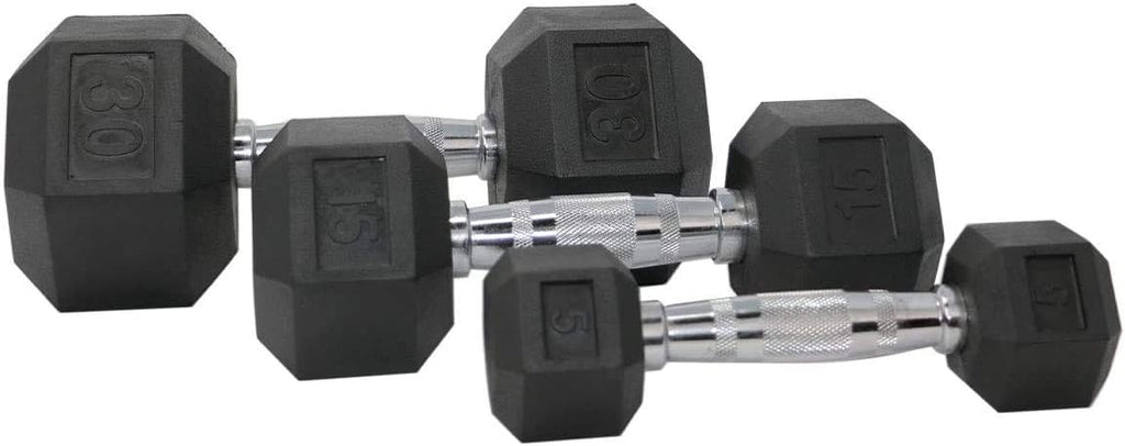 Apollo Athletics 1-Piece Rubber Coated Solid Cast Iron Dumbbell with Contoured Chrome Handle, Hexagon Head,