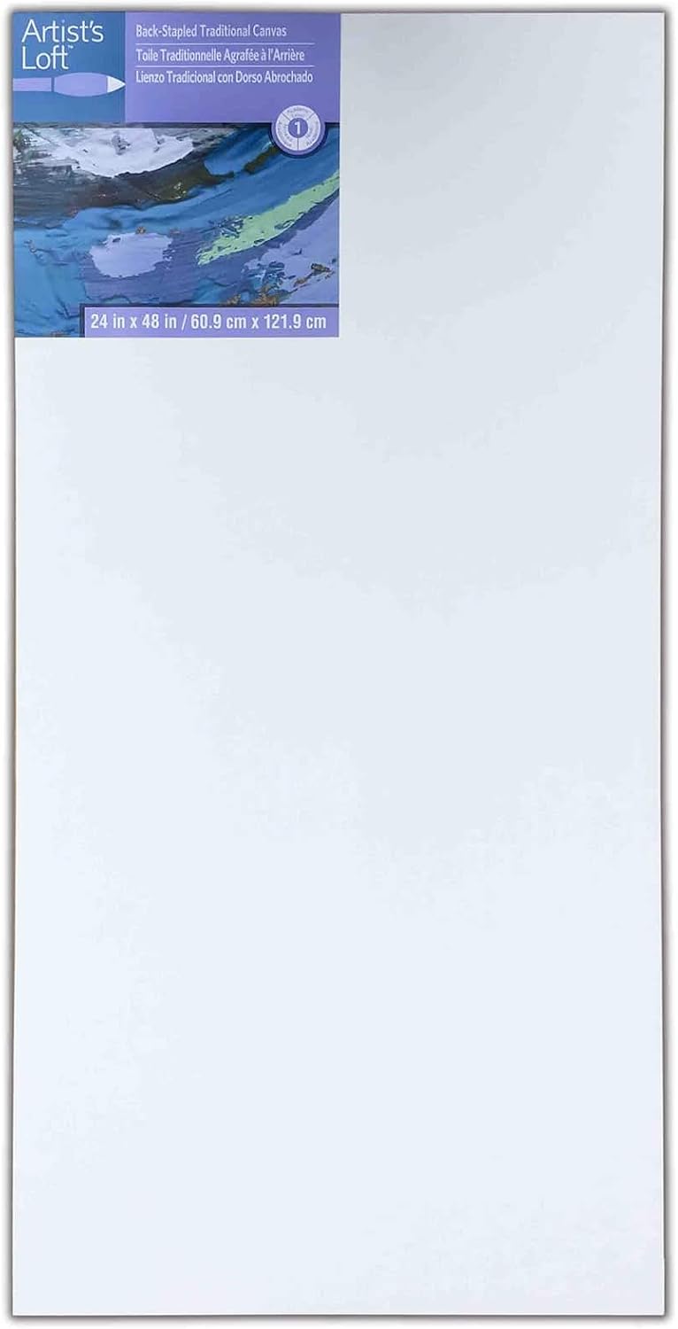 Artist's Loft 24' x 48' Level 1 Back Stapled Traditional Canvas - Acid Free Cotton Canvas for Paint, Acrylic, & Oils - Bulk 6 Packs